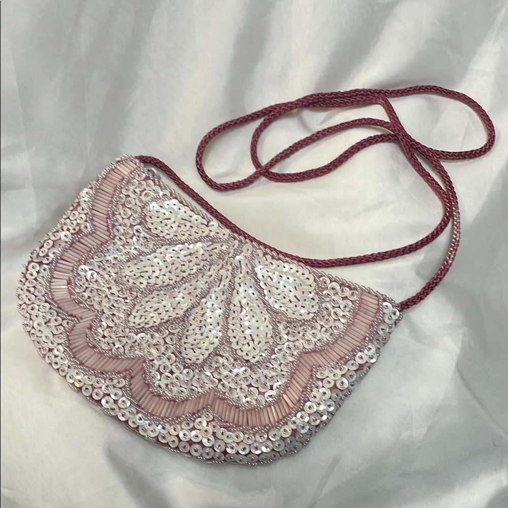 Feminine Satin Sequined Light Pink & White Crossbody Formal Bag, Weddings, Prom